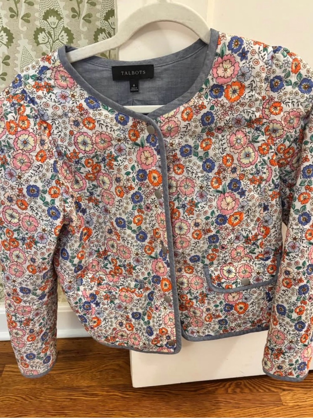 Talbots Quilted Floral Jacket in White with Pink, Orange & Blue Flowers